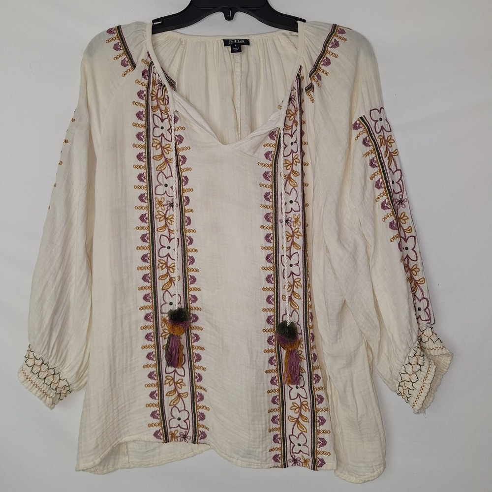 Top Cottagecore Boho Bohemian Whimsigoth Peasant Embroidered Floral Cotton Gauze